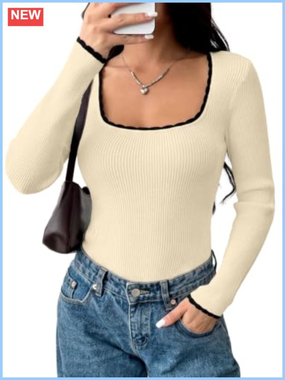 Women's Knit Pullover Sweater Fitted Long Sleeve Solid U-Neck Scalloped Top